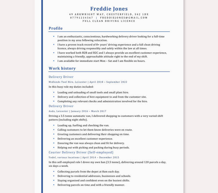 Delivery driver CV template example