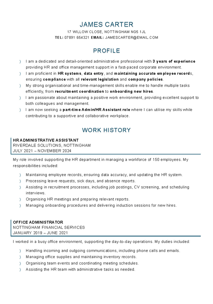 British CV template - preview of page one