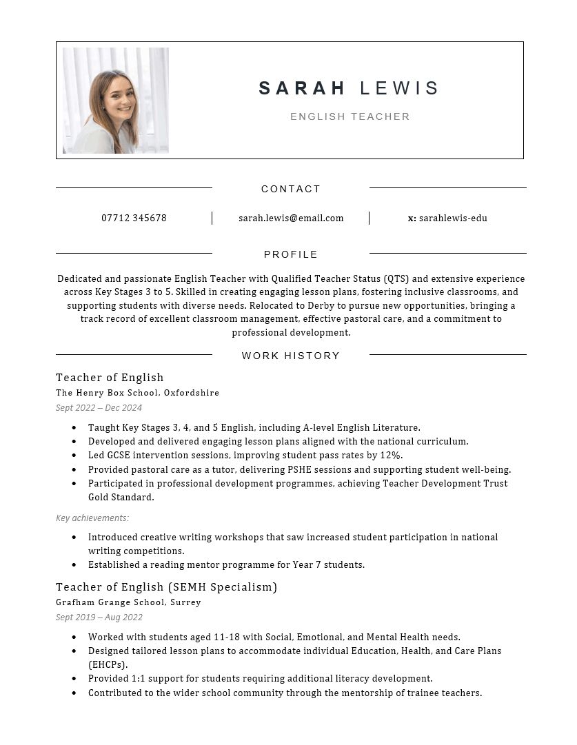 Teacher CV template - page 1